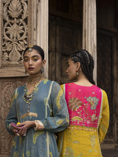 Fariba Lime Yellow Printed Back Yoke Kurta Set
