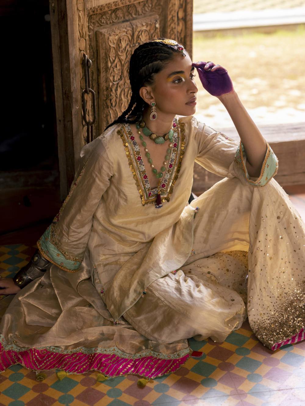 Fariba Ivory Golden Tissue Sharara Set