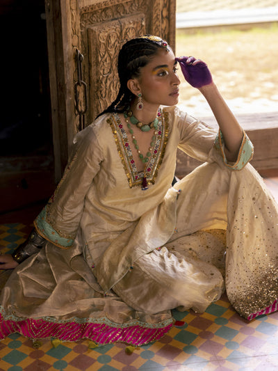 Fariba Ivory Golden Tissue Sharara Set