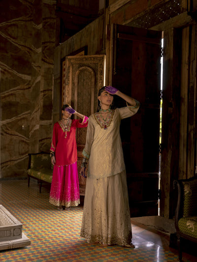 Fariba Ivory Golden Tissue Sharara Set