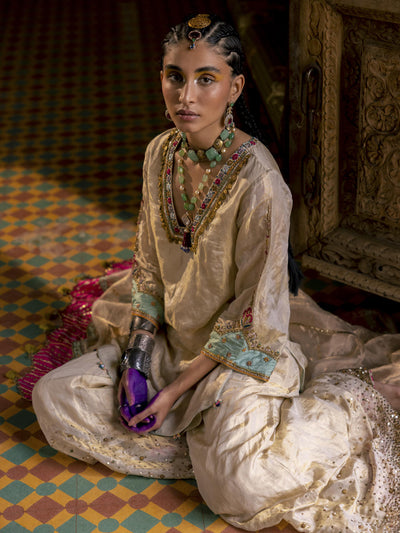 Fariba Ivory Golden Tissue Sharara Set