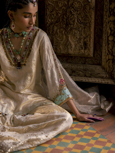 Fariba Ivory Golden Tissue Sharara Set