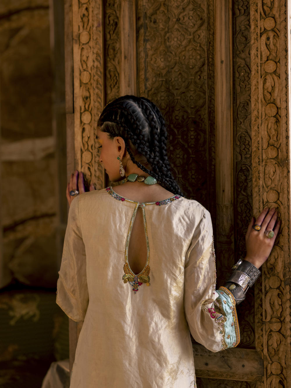 Fariba Ivory Golden Tissue Sharara Set