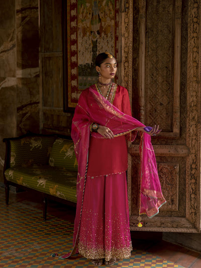 Fariba Red Magenta Silk Sharara Set