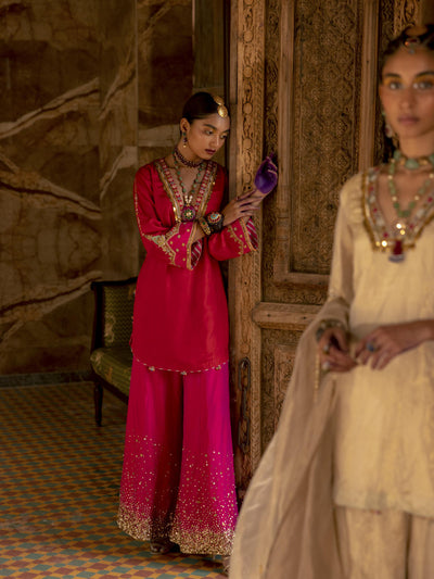 Fariba Red Magenta Silk Sharara Set