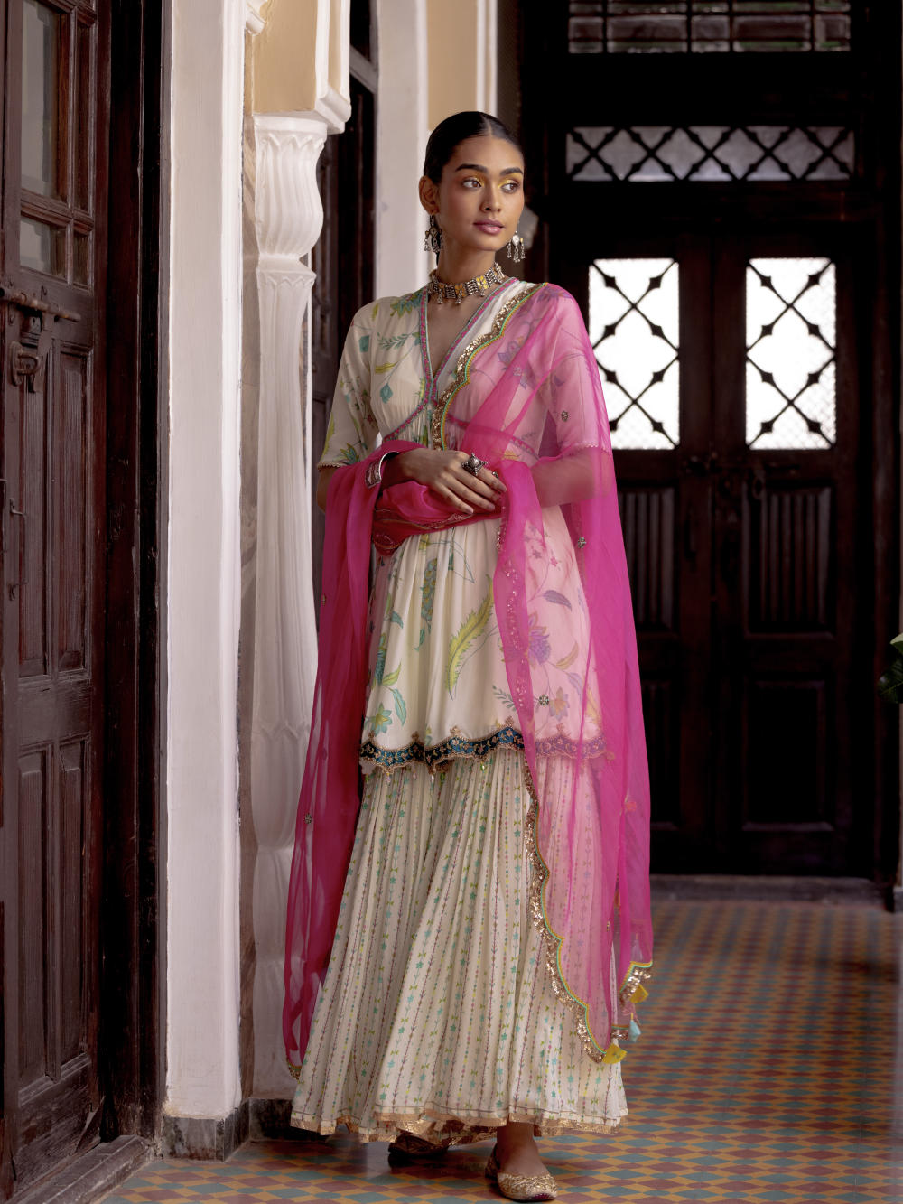 Fariba Ivory Printed Scallop Gharara Set