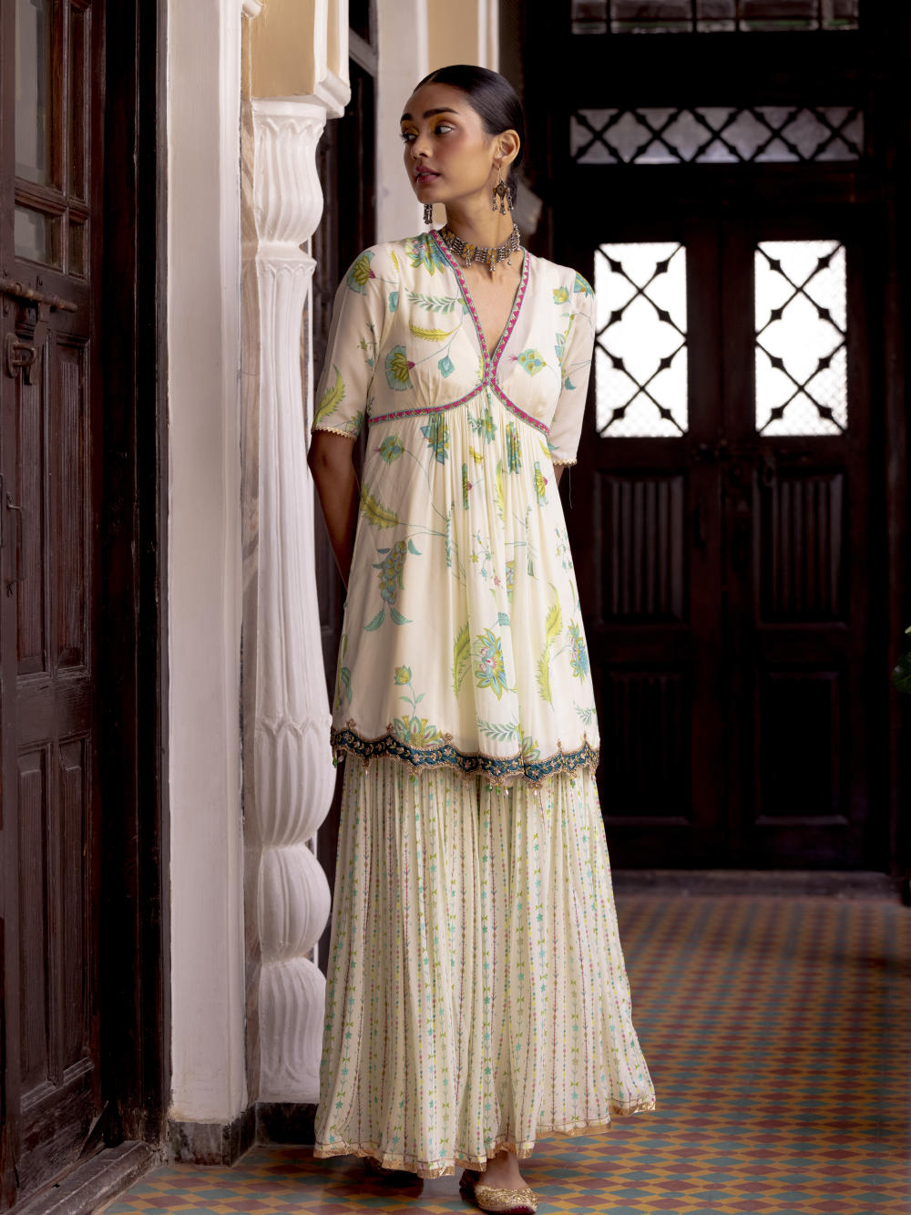 Fariba Ivory Printed Scallop Gharara Set