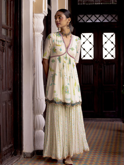 Fariba Ivory Printed Scallop Gharara Set