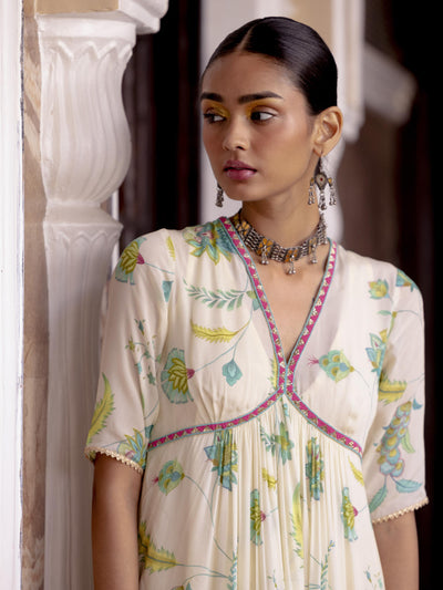 Fariba Ivory Printed Scallop Gharara Set