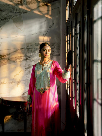 Fariba Hot Pink Silk Back Pleat Yoke Kurta