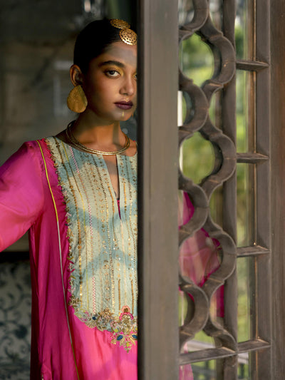 Fariba Hot Pink Silk Back Pleat Yoke Kurta