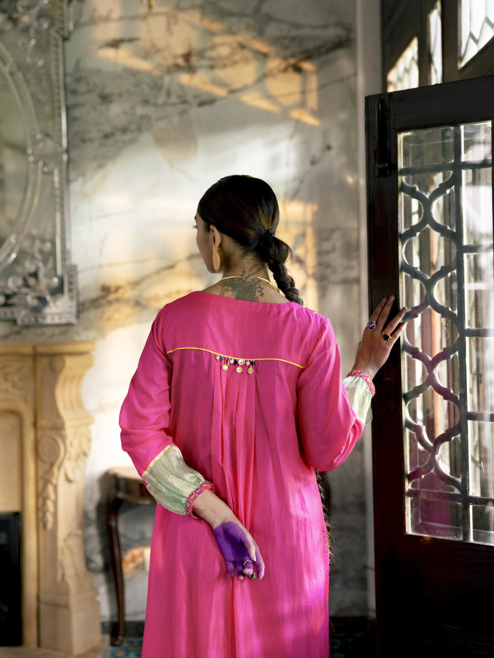 Fariba Hot Pink Silk Back Pleat Yoke Kurta