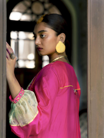 Fariba Hot Pink Silk Back Pleat Yoke Kurta
