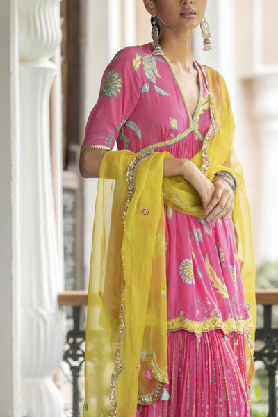 Fariba Bright Pink Printed Scallop Gharara Set