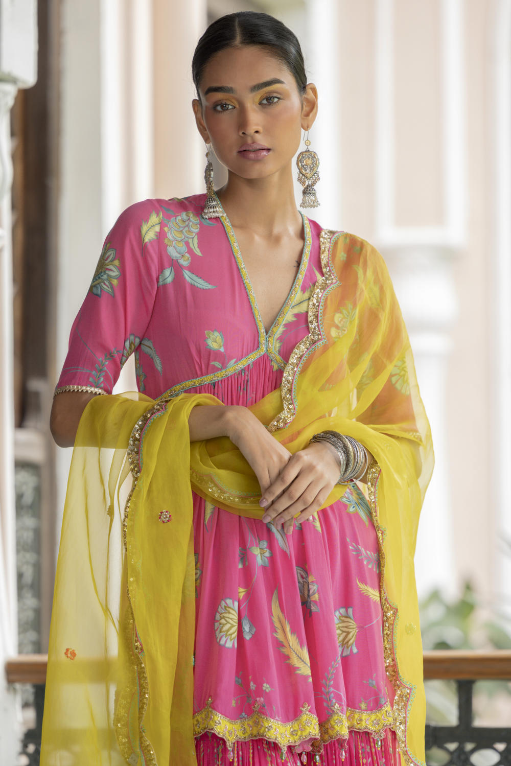 Fariba Bright Pink Printed Scallop Gharara Set