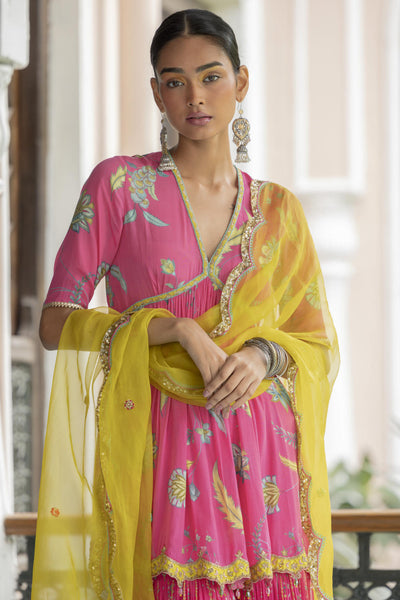 Fariba Bright Pink Printed Scallop Gharara Set