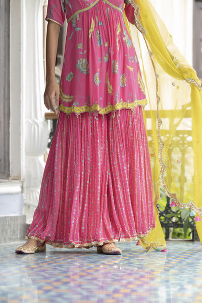 Fariba Bright Pink Printed Scallop Gharara Set