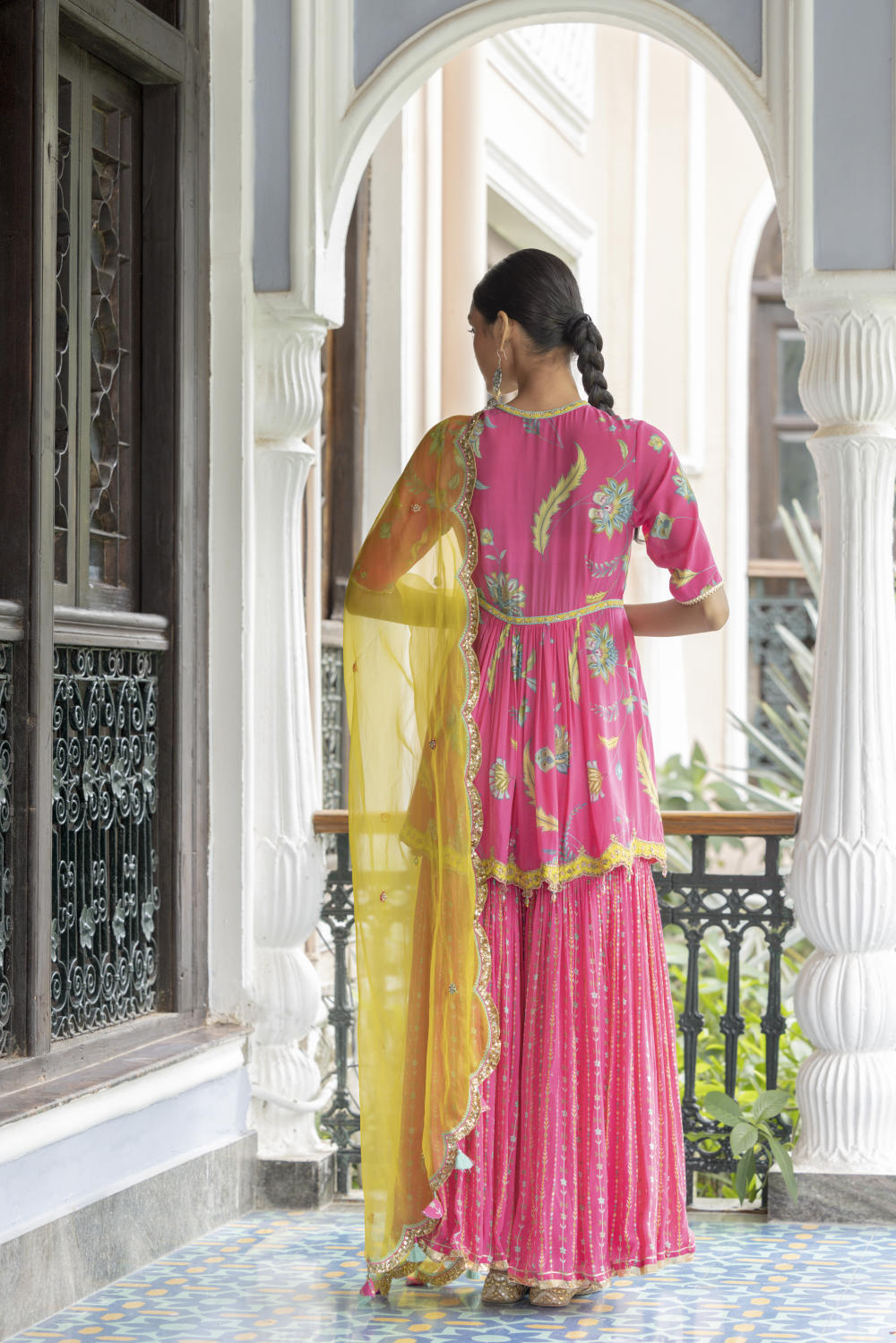 Fariba Bright Pink Printed Scallop Gharara Set