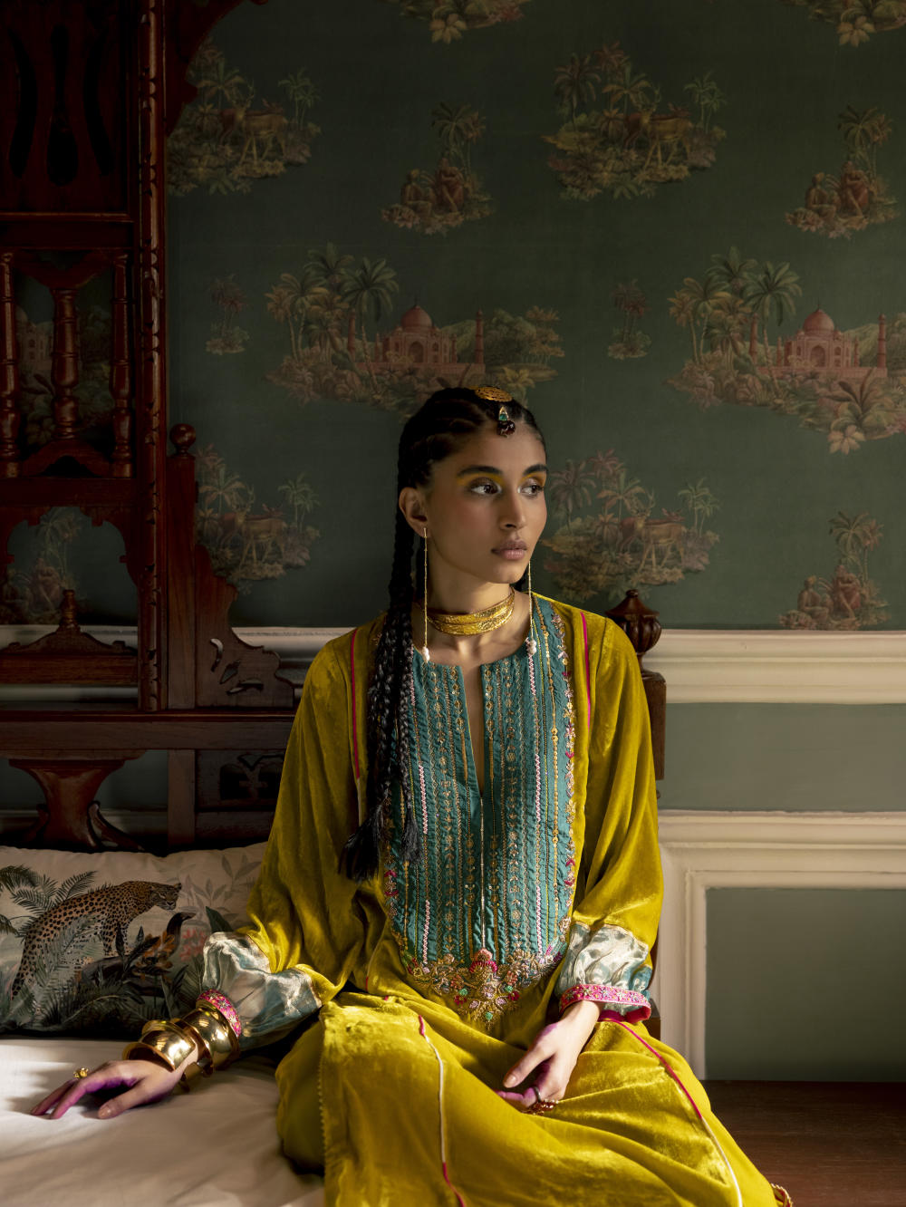 Fariba Lime Yellow Velvet Back Pleat Yoke Kurta Set