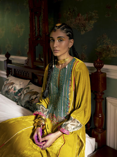 Fariba Lime Yellow Velvet Back Pleat Yoke Kurta Set
