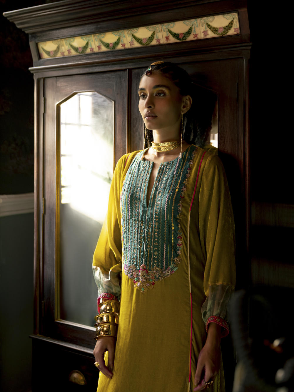 Fariba Lime Yellow Velvet Back Pleat Yoke Kurta Set
