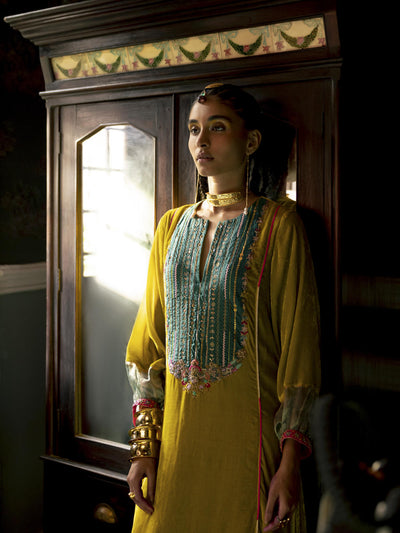 Fariba Lime Yellow Velvet Back Pleat Yoke Kurta Set