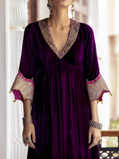 Fariba Purple Bell Sleeve Velvet Kurta Set