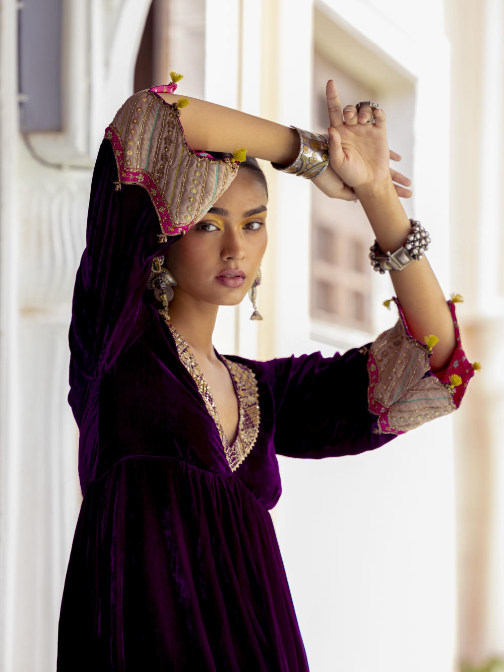 Fariba Purple Bell Sleeve Velvet Kurta Set