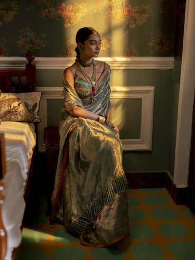 Fariba Teal Tissue Sari Set
