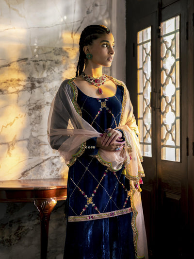 Fariba Blue Silk Velvet Sharara Set