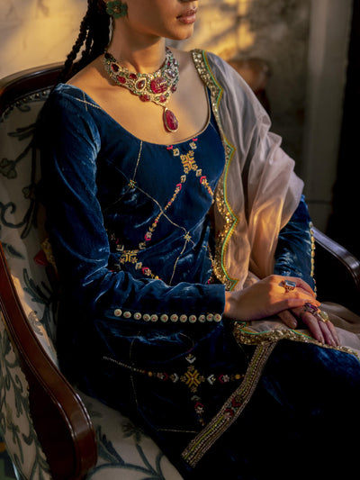 Fariba Blue Silk Velvet Sharara Set