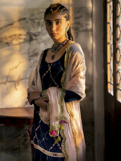 Fariba Blue Silk Velvet Sharara Set