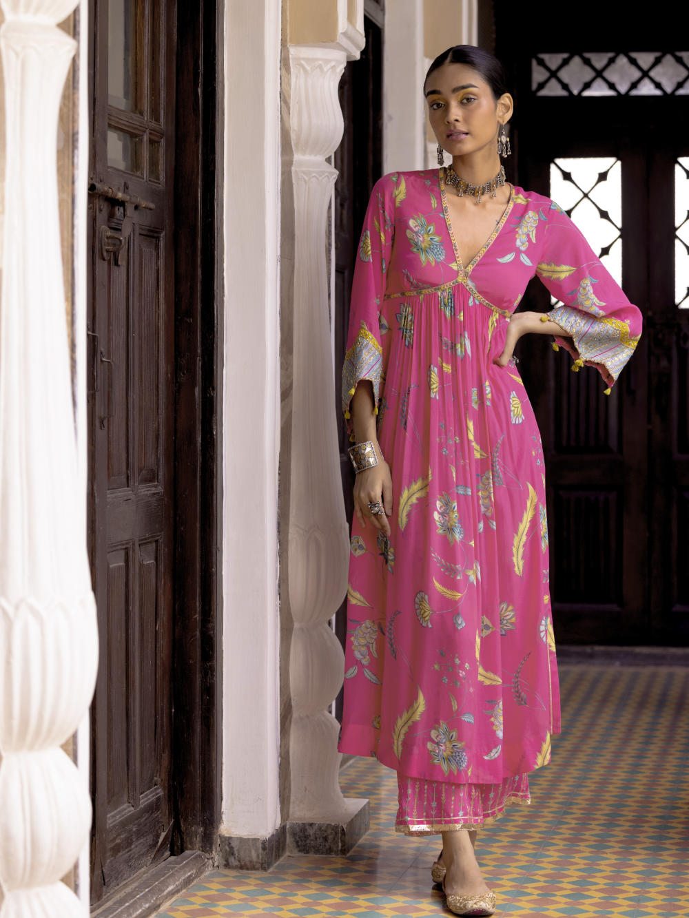 Fariba Hot Pink Bell Sleeve Printed Kurta Set