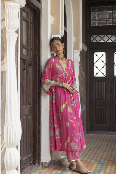 Fariba Hot Pink Bell Sleeve Printed Kurta Set