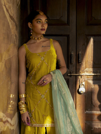 Fariba Yellow Silk Velvet Sharara Set