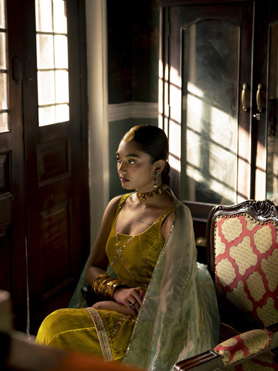 Fariba Yellow Silk Velvet Sharara Set