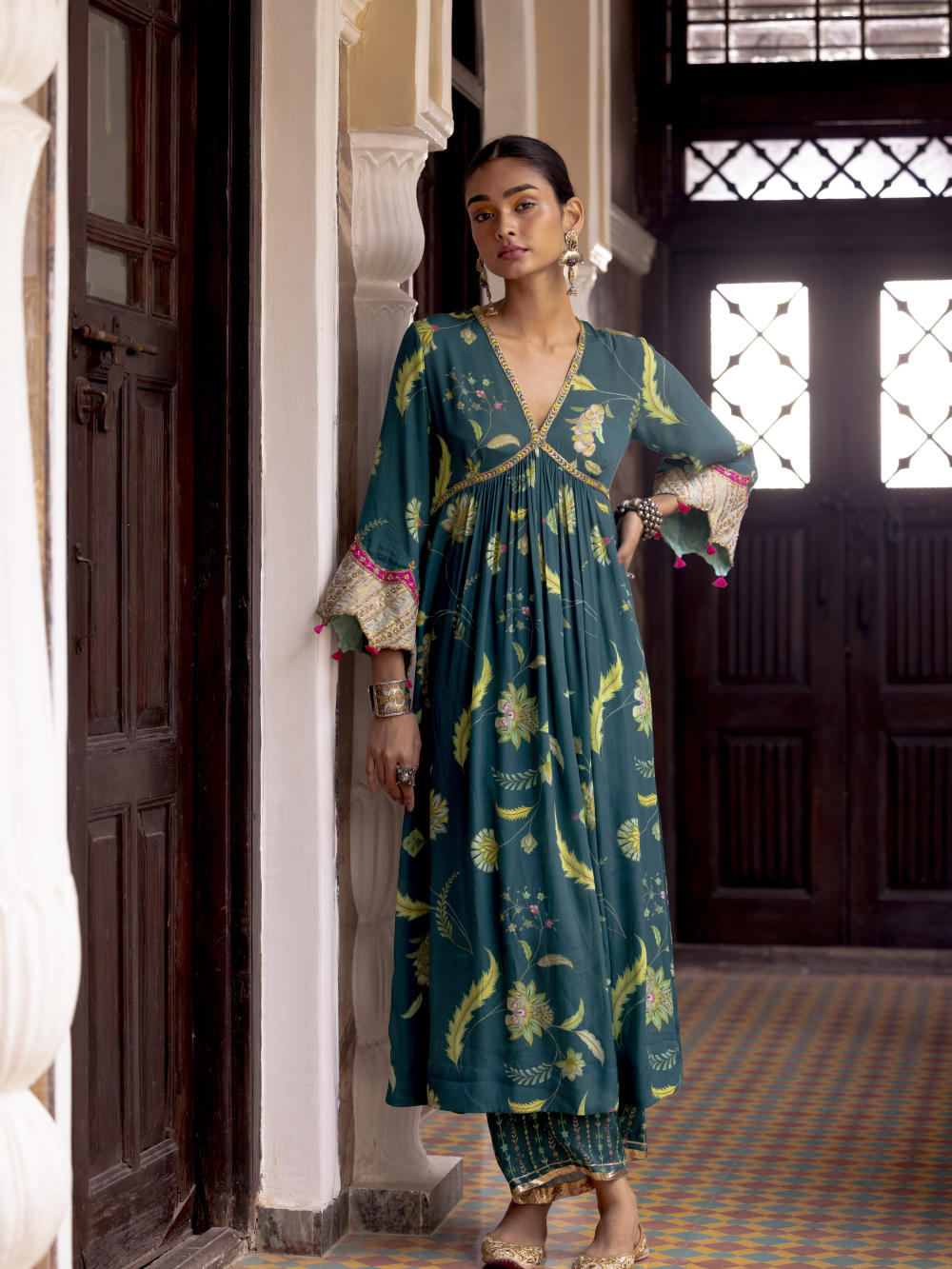 Fariba Teal Bell Sleeve Printed Kurta Set