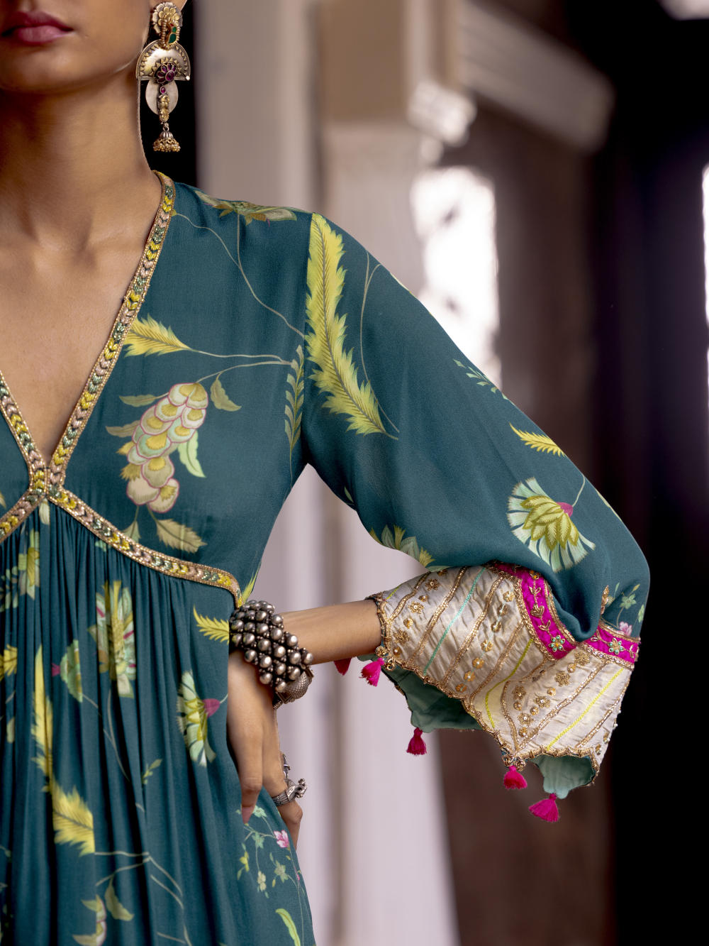 Fariba Teal Bell Sleeve Printed Kurta Set