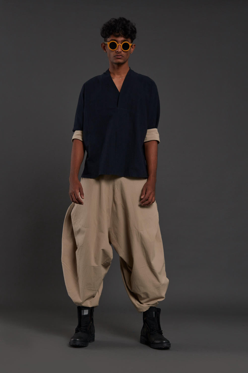Navy Blue & Beige Overlap Baggy Set