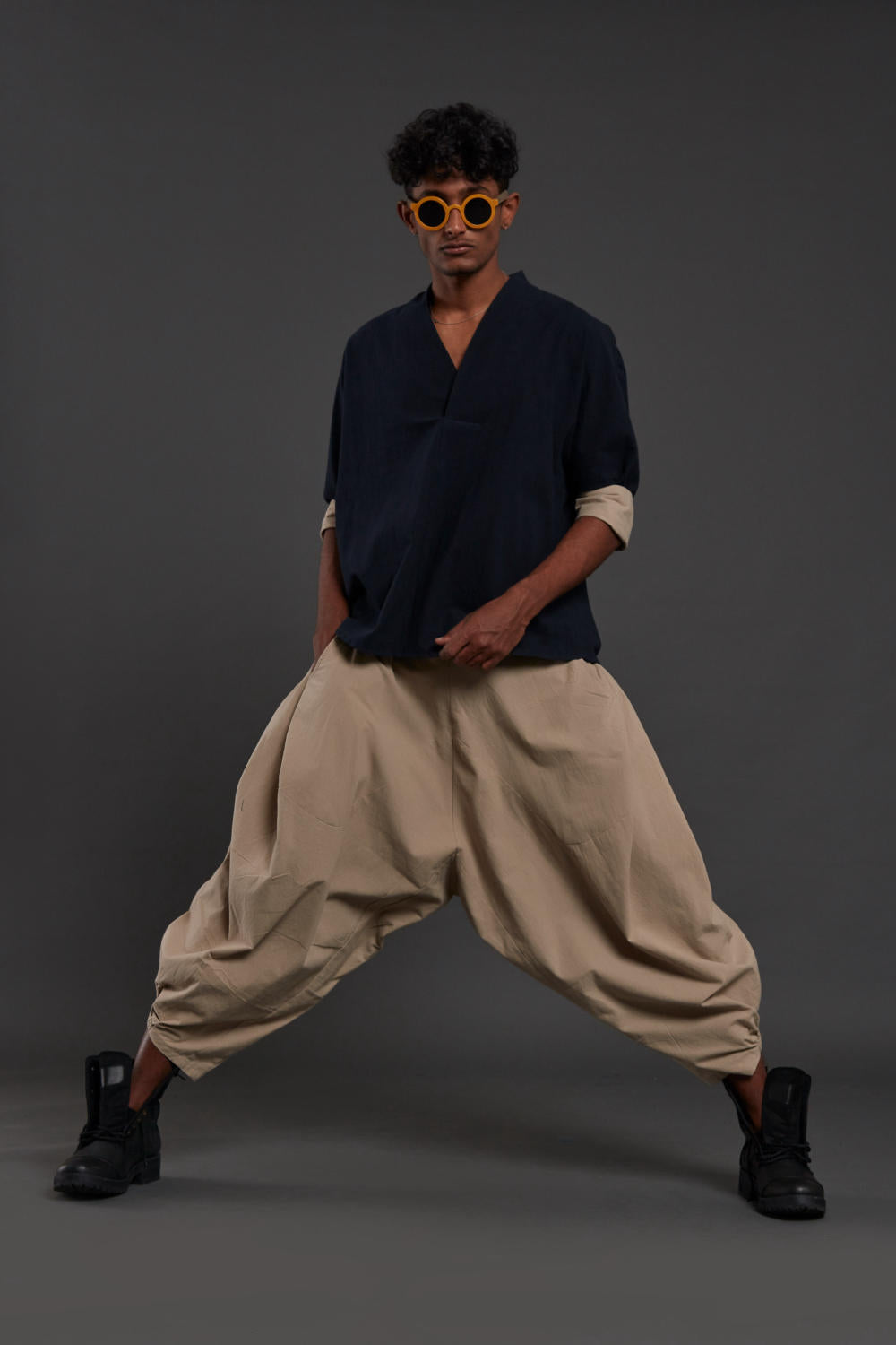 Navy Blue & Beige Overlap Baggy Set