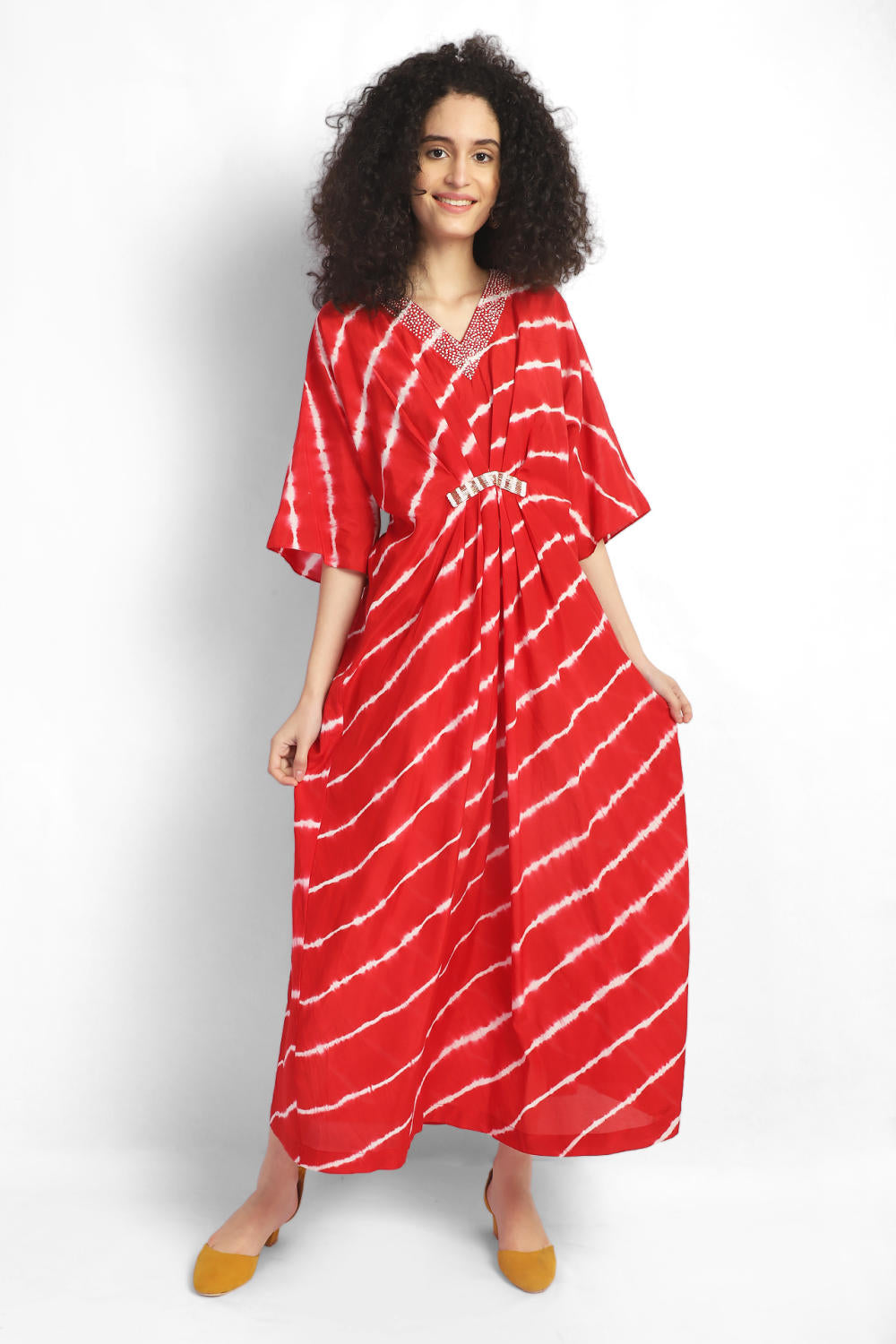 Embroidered leheriya kaftan - Red