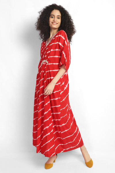 Embroidered leheriya kaftan - Red
