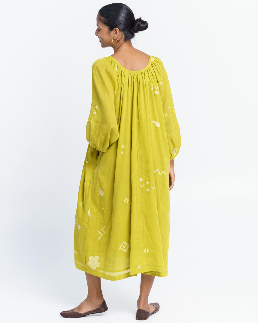 Ochre scoop-neck gathered dress