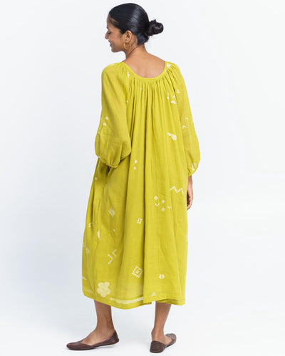 Ochre scoop-neck gathered dress
