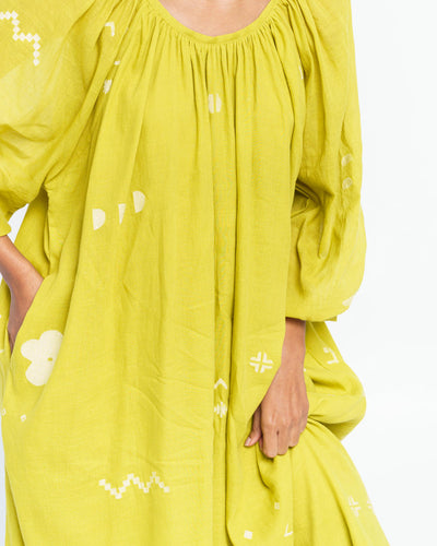 Ochre scoop-neck gathered dress