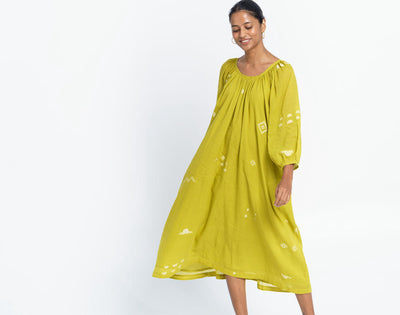 Ochre scoop-neck gathered dress