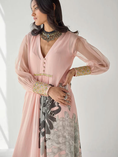 NUDE PINK SIDE FLOWER KURTA SET