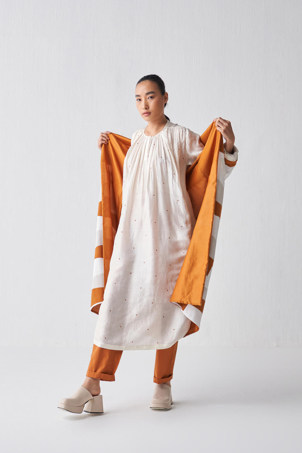 GATHER NECK DRESS( RUST POLKA)