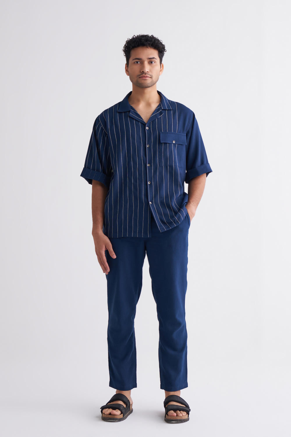 Embroidered Stripe Shirt Co-ord - Navy