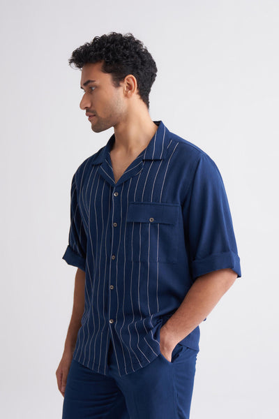 Embroidered Stripe Shirt Co-ord - Navy